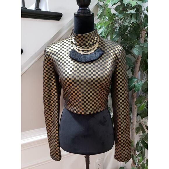 Akira Women's Gold Black Check Polyester Crop Back Zip Long Sleeve Top Blouse L - Picture 1 of 11